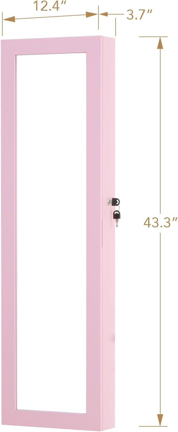 Full Length Mirror Jewelry Cabinet Organizer Lockable Door Wall-Mounted Jewelry Armoire with Shelves and Behind the Door Storage Pink