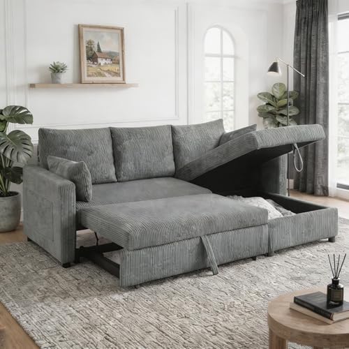 Sectional Sleeper Sofa with Pull Out Bed, L Shape Convertible Sofa Bed Couch with Storage Chaise, 3 in 1 Pull Out Sofa Bed with 3 Seats for Living Room,Apartment, Gray, 85Inch