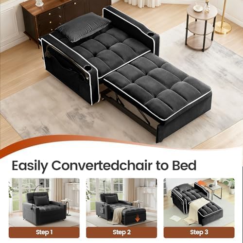 Sleeper Chair, Convertible Pull Out Chair Sleeper with Bracket and Cup Holder, Chairs Bed Sleepers with USB Ports for Adults, 3 in 1 Single Sofa Bed for Small Spaces, Living Room, Black