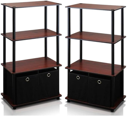 Furinno GO GREEN Storage Shelf Set of 2, 4-Tier Storage Rack with Bins, Book Shelf, Display Rack, with Storage Bins, for Organization and Storage, Living Room, Home Office, Dark Cherry