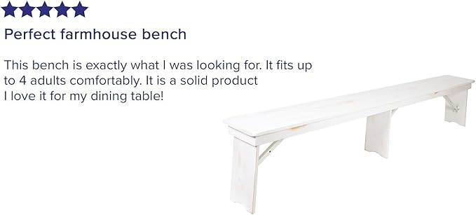Flash Furniture Hercules Commercial Grade Farmhouse 3 Leg Bench - Solid Pine Foldable Bench with Seating for 4 - 8'x12" - Antique Rustic White