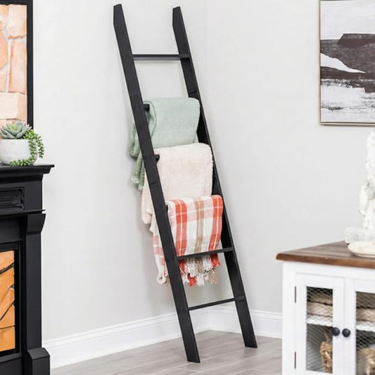 Blanket Ladder for The Living Room and Bedroom, 5ft 8 inch, 6-Tier Wall Leaning Laminate Snag Free Material (Black) Rustic Decorative Farmhouse Blanket Holder Rack, Quilt Rack Shelf, Easy Assembly