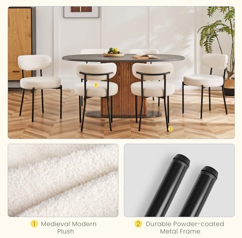 DUMOS Dining Chairs Set of 2, Mid Century Modern Chair Round Upholstered Curved Backrest, Kitchen Vanity Living Room Chairs with Black Metal Legs，Light Beige