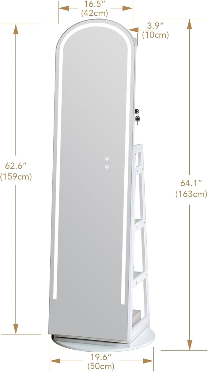 Arched Swivel Jewelry Cosmetics Armoire Cabinet Standing with Full Length Mirror, Lockable Jewelry Organizers Storage with 3 Color LED Lights & Interior Vanity Mirror Rear Storage Shelves White
