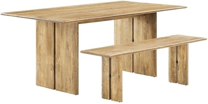 Modway Amistad 72" Solid Wood Modern Farmhouse Rectangular Dining Table and Bench Set in Oak