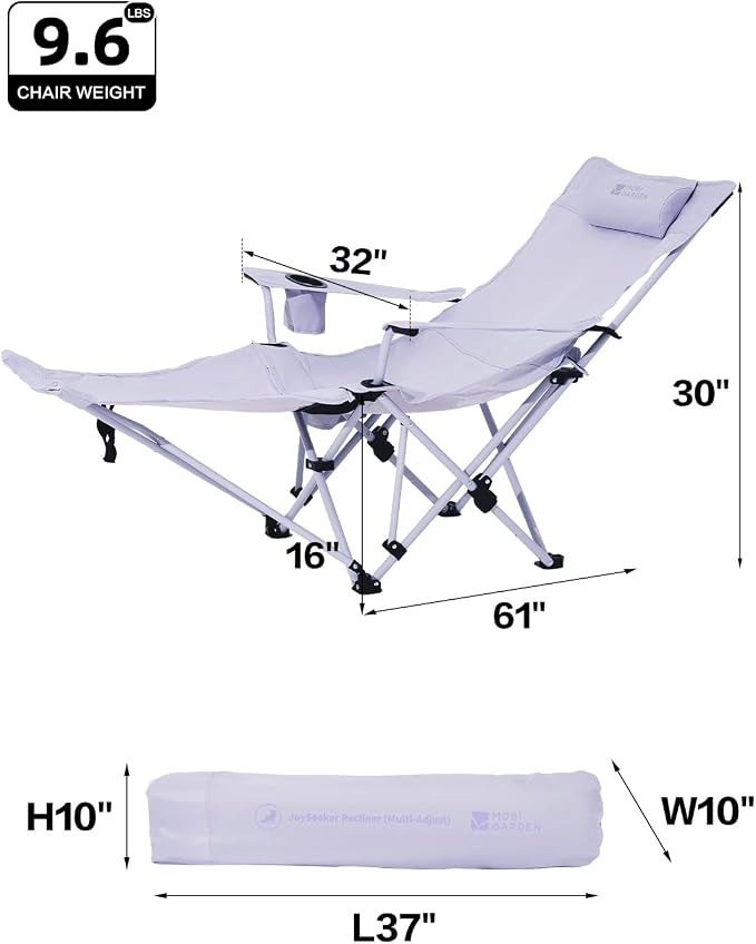 MOBI GARDEN Reclining Camping Chair with Foot Rest, 4-Position Adjustable Folding Lounge Chair for Adults, Portable & Detachable Footrest, Lavender