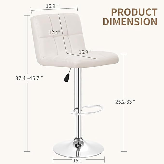 BestOffice Bar Stools Set of 2, Adjustable PU Leather Swivel Barstools, Modern Counter Stools with Back and Footrest, Counter Height Barstools for Bar, Kitchen and Dining Room