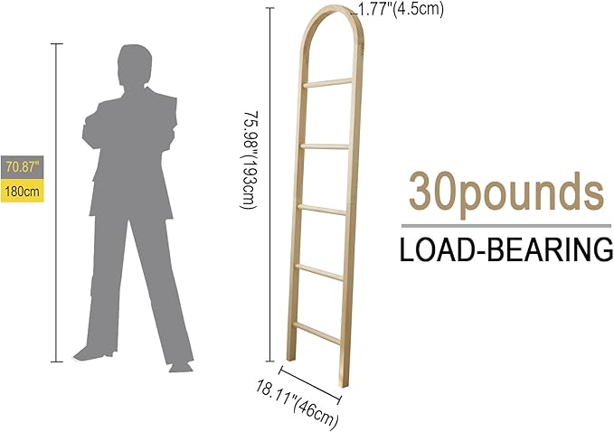 Wooden Blanket Ladder - Natural & Motley Wood - Leaning Wall Decor for Bedroom, Bathroom, Living Room - Rustic Quilt Holder & Towel Rack (Light Wood Color-Curved, 76in（5-Tier）)