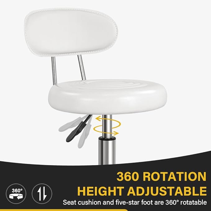 WKWKER Rolling Stool with Wheels Swivel Stool with Back Height Adjustable Chair PU Leather Rolling Chair Ideal for SPA Salon Home Office Drafting Work (White)