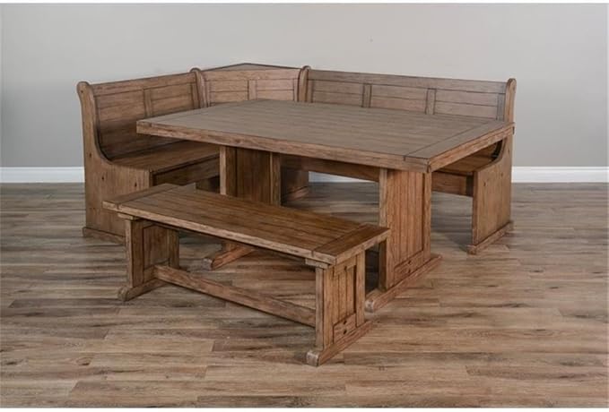Pemberly Row 75" x 56" Farmhouse Wood Breakfast Nook Set with Table, Lift Seats, Hidden Storage, Reversible Benches, for Small Spaces, in Buckskin/Taupe Brown Finish