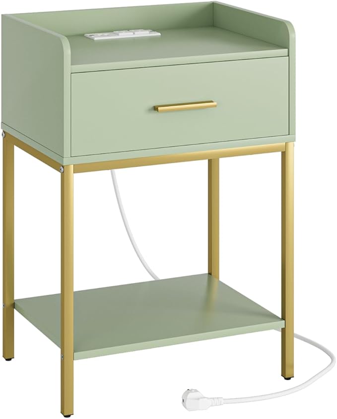 Nightstand with Charging Station,3-Tier Modern Bedside Table Night Stand with Storage Drawer and Open Shelf,Small End Side Table for Bedroom,Living Room,Green