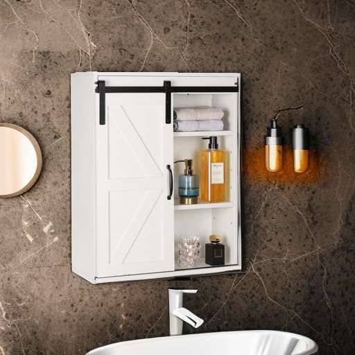 RUSTOWN Farmhouse Wood Wall Storage Bathroom Cabinet with Sliding Barn Door, Rustic Medicine Cabinet with Adjustable Shelf, 3-Tier Vintage Cabinet for Kitchen, Bathroom, Living Room (Vintage White)