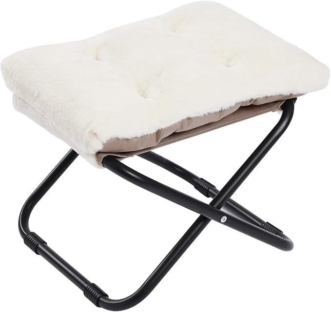 LITA Folding Footrest Stool, Portable Ottoman Foot Rest, Upholstered Small Foldable Ottoman Stool with Detachable Thick Cotton Cushion Padded Sofa Stool for Living Room, Bedroom, Plush Beige