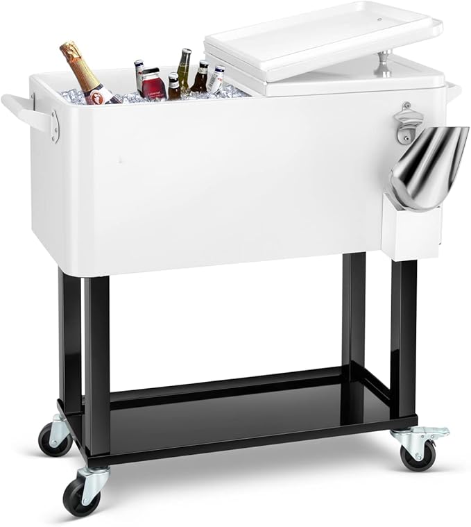 80 Quart Rolling Ice Chest Cooler Cart,Patio Backyard Party Drink Beverage Bar Stand Up Cooler Trolley with Ice Scoop
