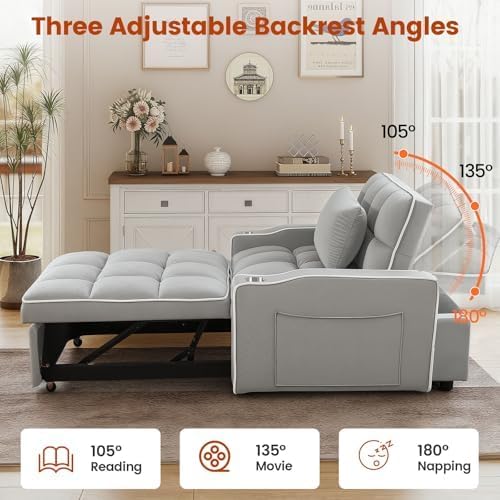 Sleeper Chair, Convertible Pull Out Chair Sleeper with Bracket and Cup Holder, Chairs Bed Sleepers with USB Ports for Adults, 3 in 1 Single Sofa Bed for Small Spaces, Living Room, Gray
