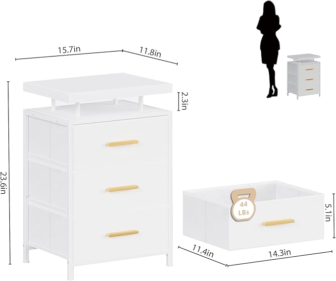 DreamDashio Nightstand with LED Lights, 3 Fabric Storage Drawers, Bedside Table with Floating Wood Top & PU Leather Fronts, Compact Modern End Table for Bedroom, Living Room or Dorm, White