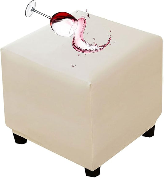 Waterproof Ottoman Cover Square Stretch PU Soft Folding Storage Ottoman Cover with Elastic Bottom Cube Footrest Foot Stool Slipcovers Machine Washable(Medium/Ivory)