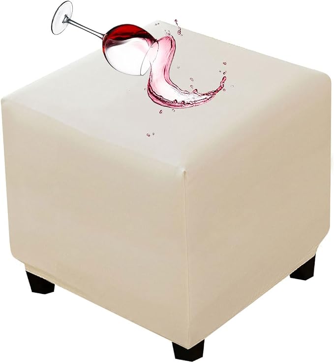 Waterproof Ottoman Cover Square Stretch PU Soft Folding Storage Ottoman Cover with Elastic Bottom Cube Footrest Foot Stool Slipcovers Machine Washable(Small/Ivory)