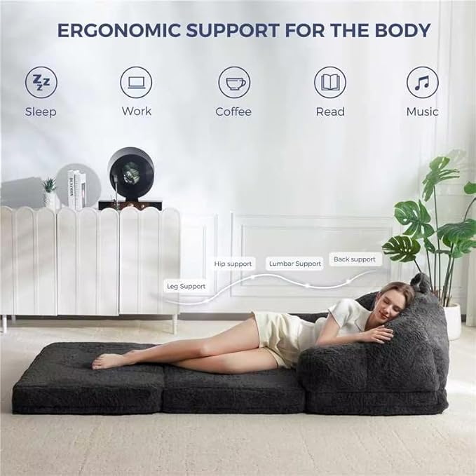 MAXYOYO Folding Sofa Bed, 2 in 1 Convertible Sofa to Lounger Comfy Single Bean Bag Chair for Adults, Floor Sleeper Couch with Handle, Faux Fur Couch Bed for Living Room Bedroom, Black