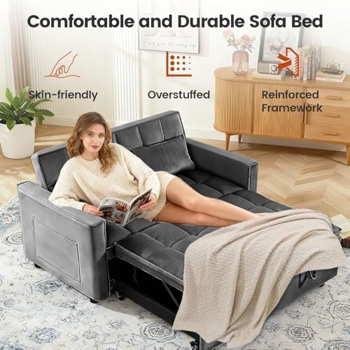 3 in 1 Convertible Sleeper Sofa Bed, Velvet Fabric Loveseat Sofa Bed with Adjustable Backrest & Large Side Pockets, Pull Out Couch for Small Spaces, Apartment, Living Room, Dark Gray
