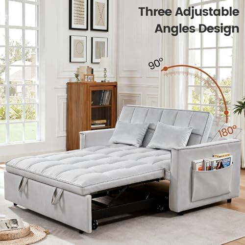 3 in 1 Convertible Sleeper Sofa Bed, Velvet Fabric Loveseat Sofa Bed with Adjustable Backrest & Large Side Pockets, Pull Out Couch for Small Spaces, Apartment, Living Room, Gray