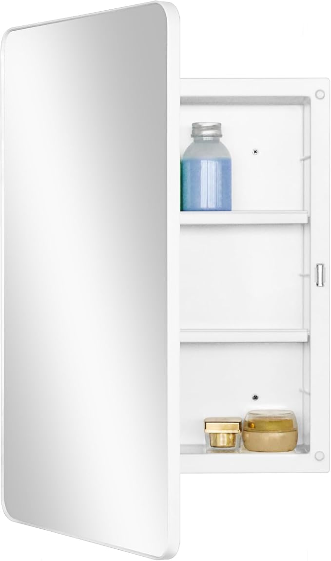 Fundin White Plastic Medicine Cabinet, Mirror Door with Round Corner Metal Frame, Recessed and Surface Mount Bathroom Wall Medicine Cabinet, 16 x 24 inch Mirror Size