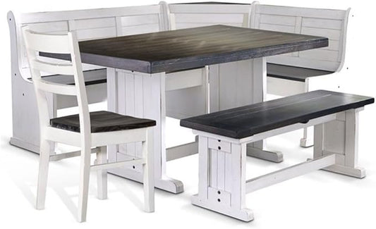 Pemberly Row 4-Piece Farmhouse Wood Breakfast Nook Set with Hidden Storage, Reversible Seating, Great for Small Spaces, in White & Brown Finish