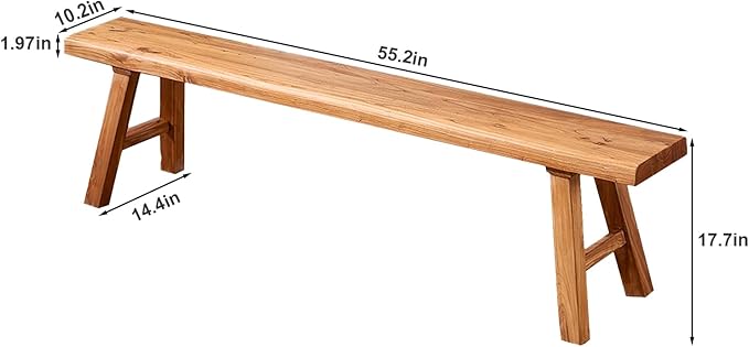 55.2in Wood Bench Indoor – Rustic Farmhouse Entryway Bench, Skinny Bench Design, Made of Extra-Thick Solid Wood, Perfect for Dining Room, Hallway, or End of Bed