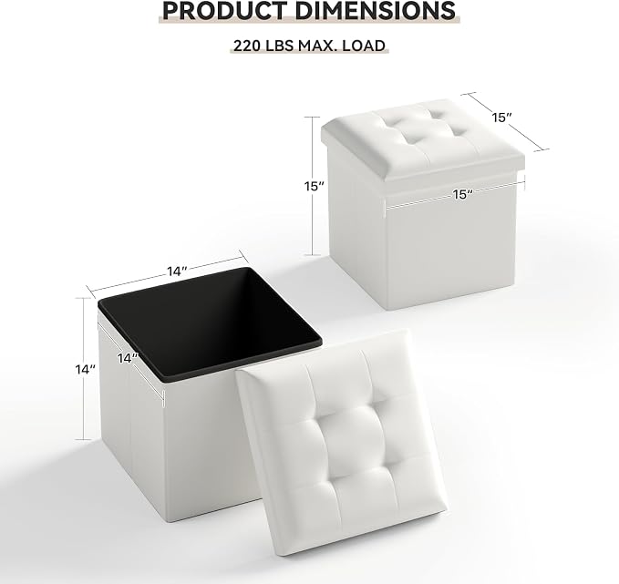 Storage Ottoman Bench, 15 Inch Ottoman Foot Rest, End of Bed Bench, Storage Chest for Living Room, Bedroom, Entryway, White