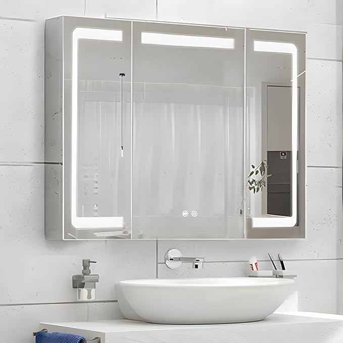 Stainless Steel LED Medicine Cabinet,Bathroom Mirror Cabinet with Light,3 Color,Dimmable,Equipped with Defogger,USB Shavor Socket,Internal Light,36×32 Inch