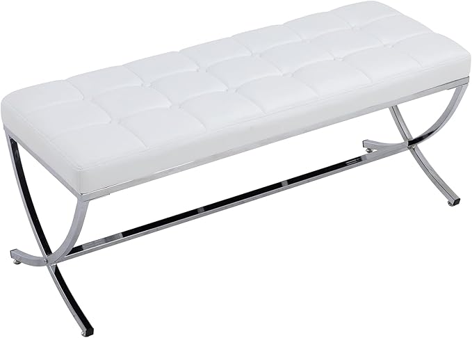 DUOMAY Modern Tufted Ottoman Bench, PU Leather Upholstered Dining Bench, Button Tufted Footrest Stool Vanity Seat with with X Metal Legs, 45.75" W x 16.5" D x 19.25" H, White