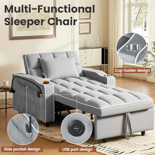 Sleeper Chair, Convertible Pull Out Chair Sleeper with Bracket and Cup Holder, Chairs Bed Sleepers with USB Ports for Adults, 3 in 1 Single Sofa Bed for Small Spaces, Living Room, Gray