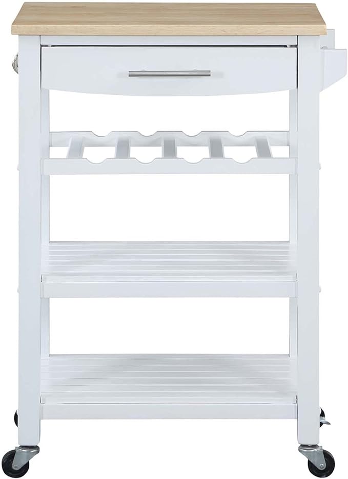 Convenience Concepts Ellaine Butcher Block Kitchen Cart 24.75" - 4 Tier Kitchen Island with Storage Drawer, Dining Room Wine Rack on Wheels, Coffee Station Table, Mobile Utility Trolley, White