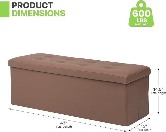 Magshion Folding Storage Ottoman Bench, 43 Inches PU Leather Ottoman Foot Rest, End of Bed Bench, Storage Chest for Living Room, Entryway, Bedroom, 600 lbs Load Capacity, Brown