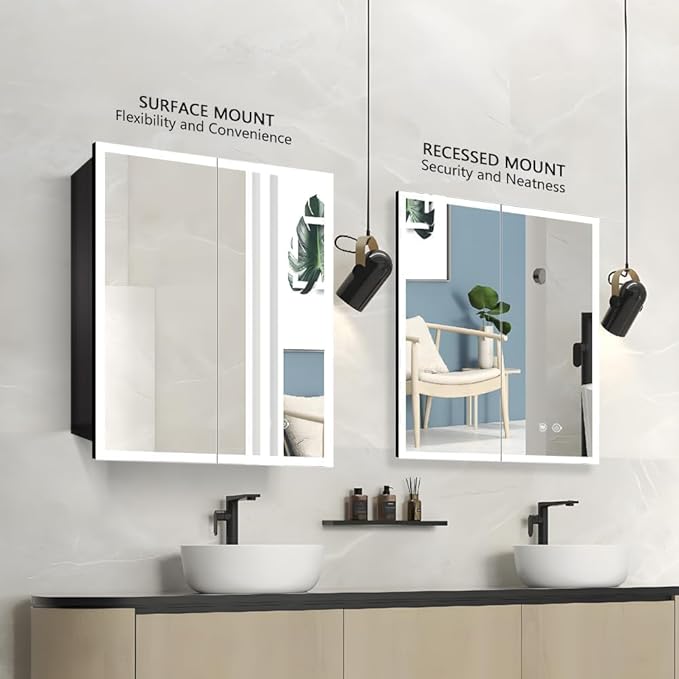 LED Medicine Cabinet with Light,30×32inch,Recess Mirror Cabinet for Bathroom,3 Color,Dimmable,Demister,Detachable Side Plate,Recess Mount or Surface Mount