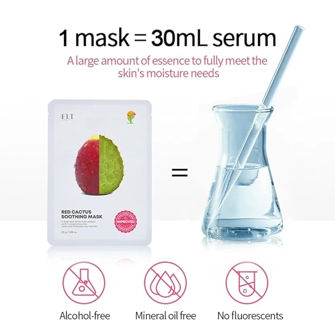ELT Red Cactus Extract Sheet Mask 10 Pack (5,000 ppm) - Hydrating & Plumping Korean Face Mask with Hyaluronic Acid - Brightening & Anti-Aging Care, Vegan Korean Skincare (25g / 0.88 oz Each)