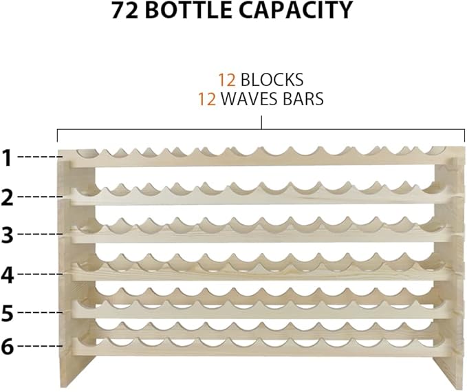 72 Bottles Stackable Modular Wine Rack, 6-Tier 72 Slots Floor Wine Storage Stand Wooden Wine Holder Display Shelves, Wobble-Free, Solid Wood, Floor Free Standing