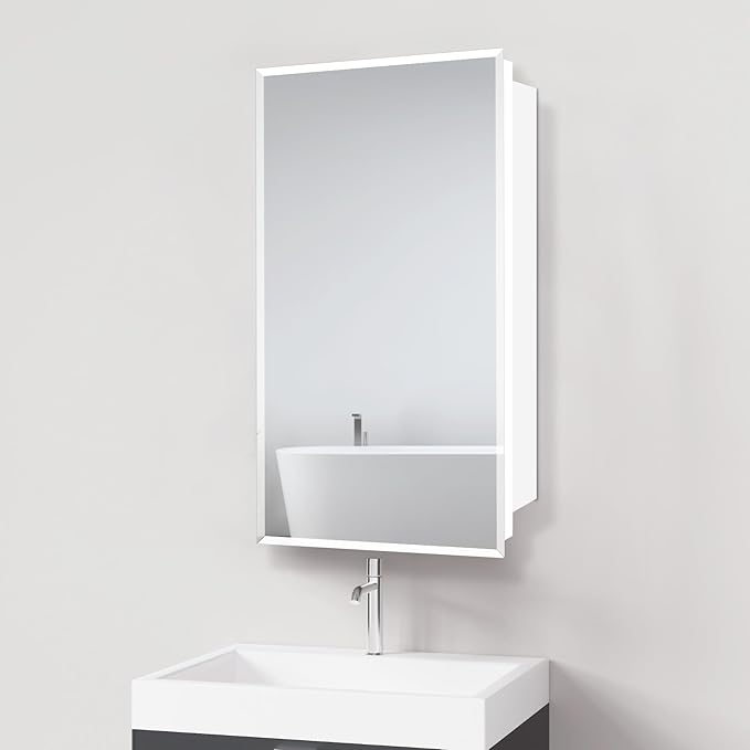 16x26 inch Medicine Cabinet with Mirror, Recessed Medicine Cabinet or Surface Wall Mount Plastic Bathroom Cabinets with Removable Shelves, Beveled Edge Mirror Cabinet