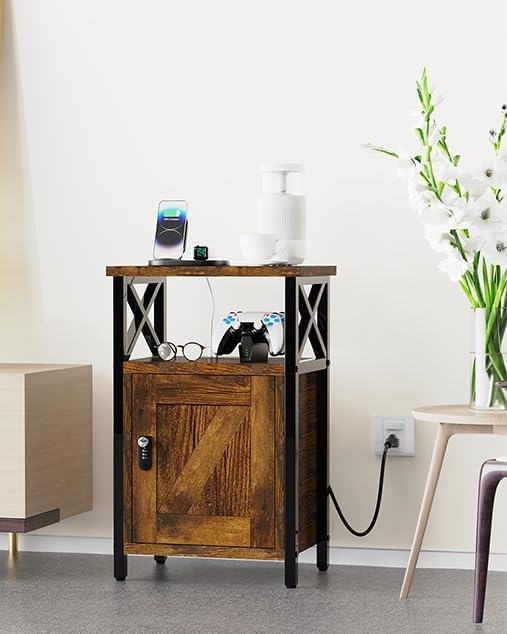 runjuly Wooden Nightstand with Lock, Bedside Table with Drawer, Bed Side Table with Charging Station, 3 USB & 2 Outlets, Night Stand with Storage Cabinet, End Table for Bedroom, Brown