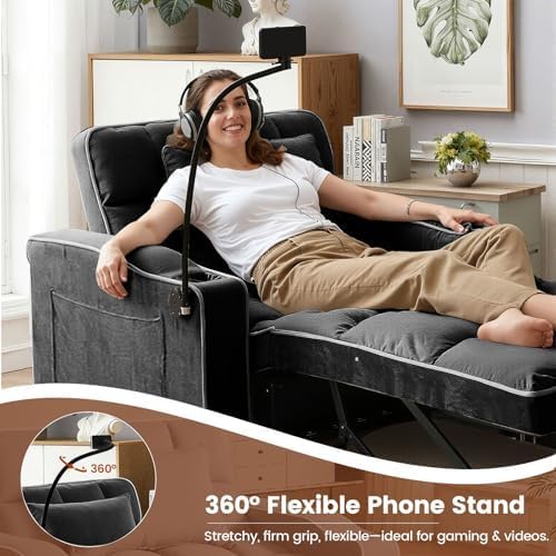 Sleeper Chair, Convertible Pull Out Chair Sleeper with Bracket and Cup Holder, Chairs Bed Sleepers with USB Ports for Adults, 3 in 1 Single Sofa Bed for Small Spaces, Living Room, Black