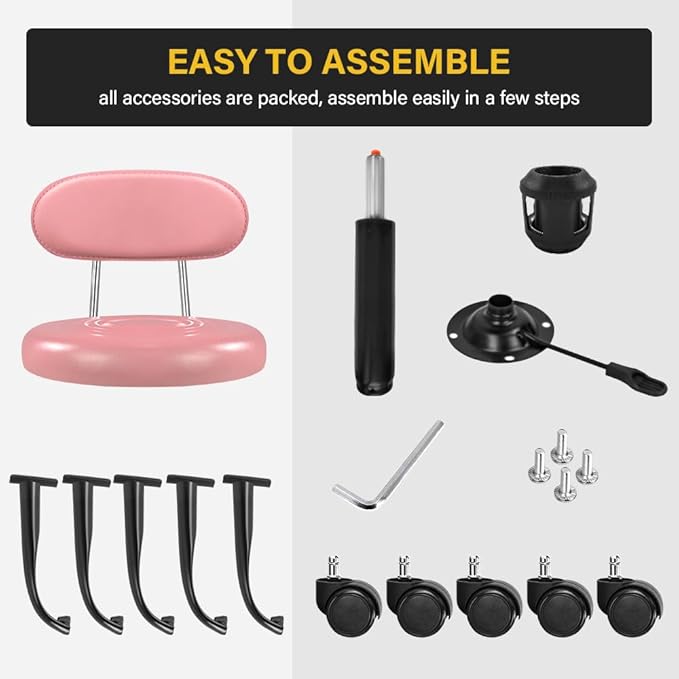 WKWKER Rolling Stool with Wheels Swivel Stool with Back Height Adjustable Chair Ideal for SPA Salon Home Office Drafting Work (Pink)