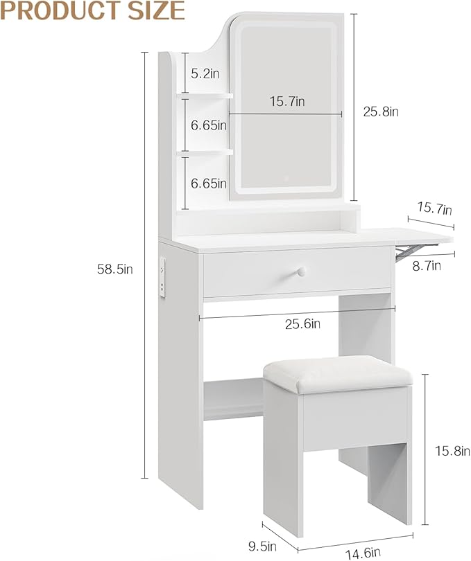 FUXA Small Vanity with Chair, Makeup Vanity Desk with LED Mirror and 3 Light Modes, Girls Vanity Set with Charging Station, Compact Vanity Table with Foldable Top for Small Spaces, White