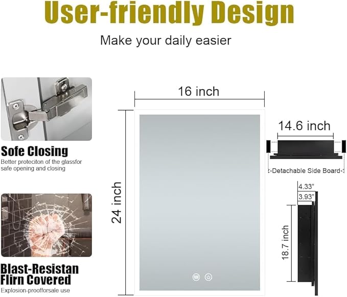 LED Medicine Cabinet with Light,16×24inch,Recess Mirror Cabinet for Bathroom,3 Color,Dimmable,Demister,Detachable Side Plate,Recess Mount or Surface Mount