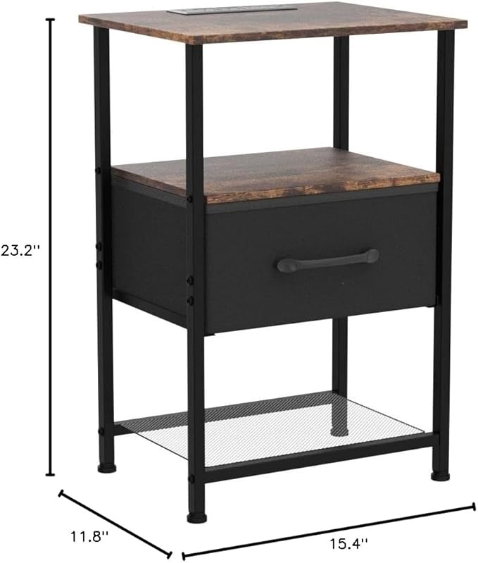 LAKEMID Nightstands Set of 2,Night Stand with Charging Station and Drawer,Bedside Table with 20 Colors LED Light Strip,End Table for Bedroom Living Room (Rustic Brown)