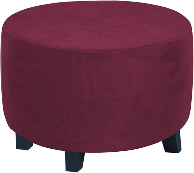 H.VERSAILTEX Round Ottoman Slipcover Ottoman Covers Slipcover Footstool Protector Covers Storage Stool Ottoman Covers Stretch with Elastic Bottom, Feature Real Velvet Plush Fabric (Medium, Burgundy)