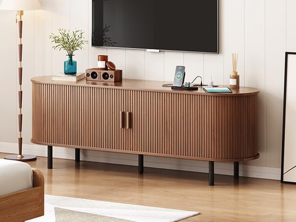 ONBRILL 63" TV Stand with Power Outlet for TVs up to 70 Inch, Entertainment Center with Storage and Adjustable Shelves, Modern Media Console with Sliding Doors for Living Room, Walnut
