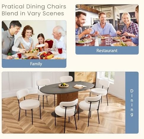 DUMOS Dining Chairs Set of 2, Mid Century Modern Chair Round Upholstered Curved Backrest, Kitchen Vanity Living Room Chairs with Black Metal Legs，Light Beige