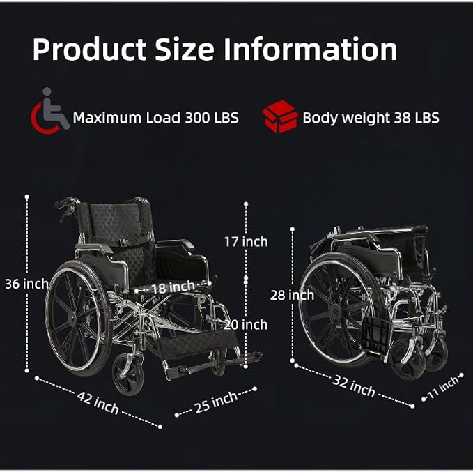 Lightweight Foldable Manual Wheelchair for Adults with 18" Seat & 300 lbs Capacity - Front/Rear Locking Brakes, 24" Quick-Release PU Wheels, Removable Footrest (Silver)