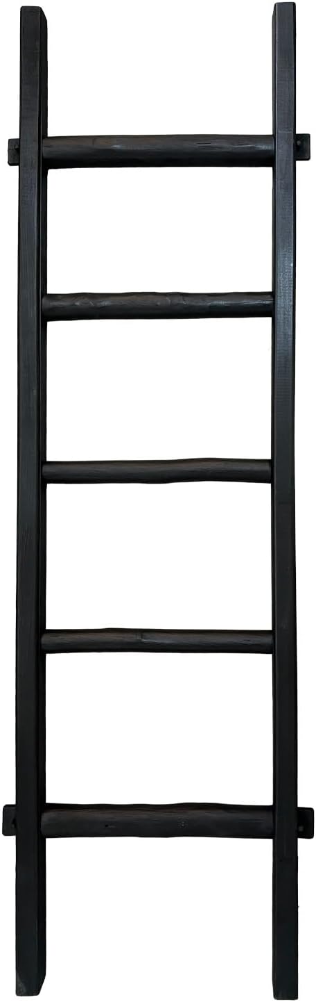 Wooden Blanket Ladder - Natural & Motley Wood - Leaning Wall Decor for Bedroom, Bathroom, Living Room - Rustic Quilt Holder & Towel Rack (Black Wood Color, 57in（5-Tier）)