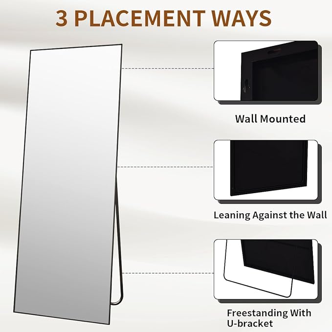 VooBang Mirror Full Length, 21" x 64" Floor Mirror with Stand, Aluminum Alloy Frame Full Body Mirror, Standing Hanging or Leaning Against Wall for Bedroom and Living Room, Black